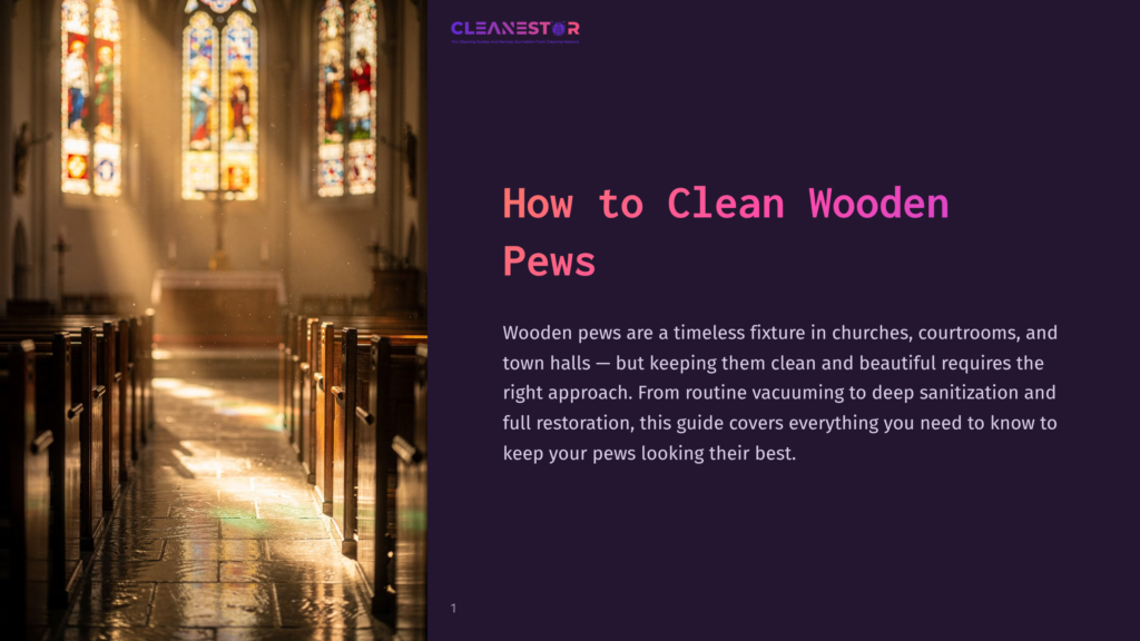 1 How To Clean Wooden Pews Sunlight Streams Through Stained Glass Windows, Illuminating Rows Of Polished Wooden Pews In A Church. The Text &Quot;Cleanestor&Quot; And &Quot;How To Clean Wooden Pews&Quot; Is Visible.