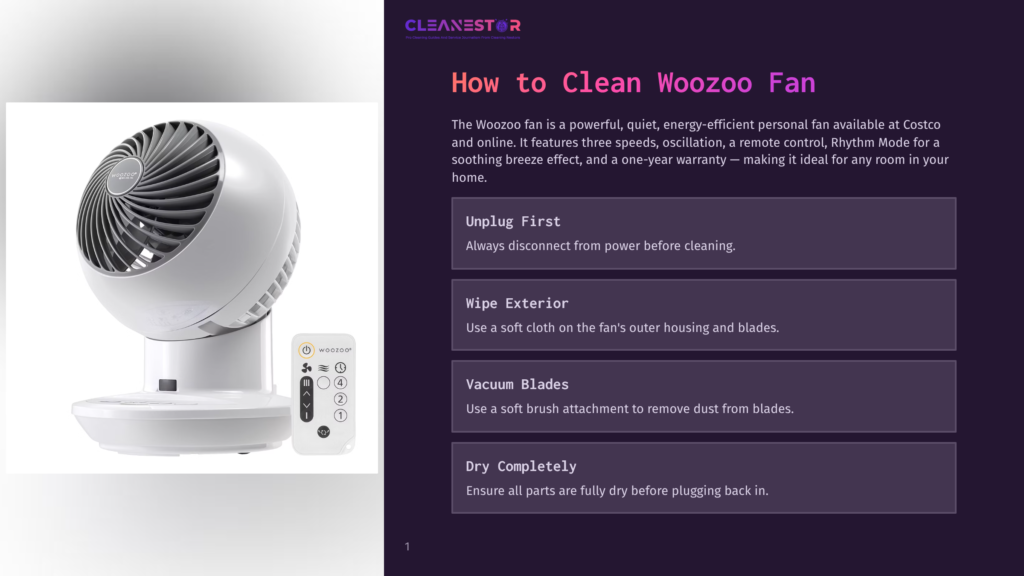 1 How To Clean Woozoo Fan A White Woozoo Fan With A Remote Control Is Shown With Instructions On How To Clean It, Including Unplugging, Wiping The Exterior, Vacuuming Blades, And Drying. The Fan Has A Sleek Design And A Control Panel On Its Base.