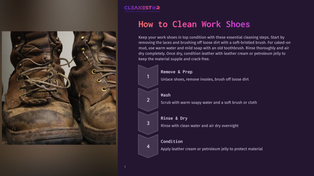 1 How To Clean Work Shoes Close-Up Of Two Heavily Worn, Dirty Brown Leather Work Boots With Frayed Laces, Showing Signs Of Extensive Use And Mud-Caked Soles.
