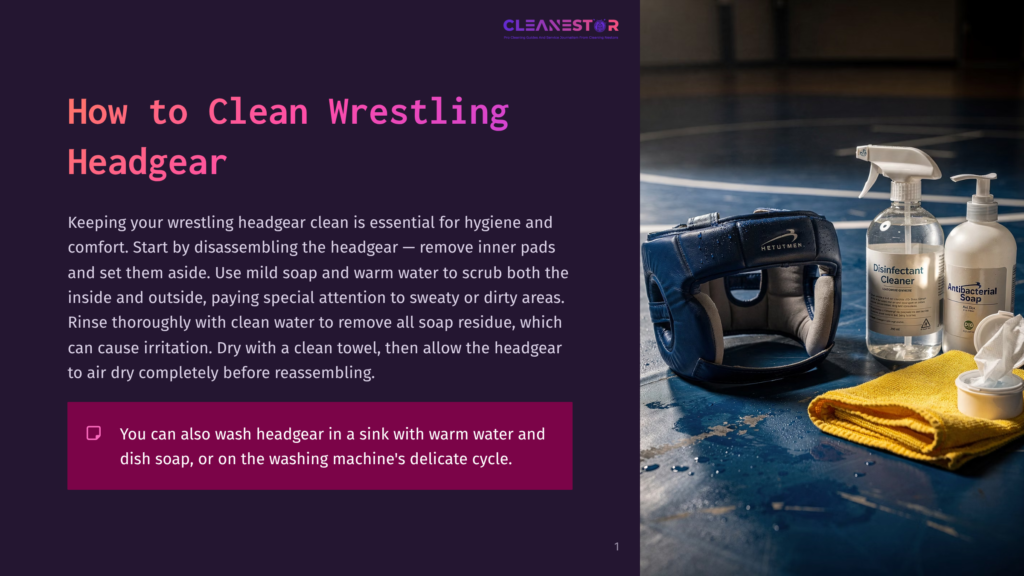 Wrestling Headgear On A Blue Mat Next To A Yellow Towel, A Spray Bottle Of Disinfectant Cleaner, And A Bottle Of Antibacterial Soap.