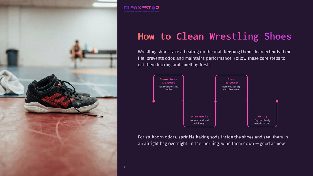 Close-Up Of Black And Red Wrestling Shoes On A Red Mat, With A Graphic Overlay Detailing &Quot;How To Clean Wrestling Shoes&Quot; With Instructions On Removing Laces, Scrubbing, Rinsing, And Air Drying.