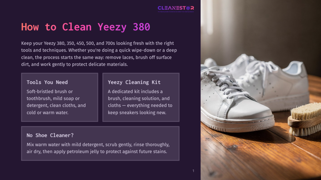 Two White Adidas Yeezy Boost 380 Sneakers Sit On A Wooden Table Next To A Cleaning Brush, Ready For Cleaning. The Image Highlights How To Clean Yeezy 380 Shoes.