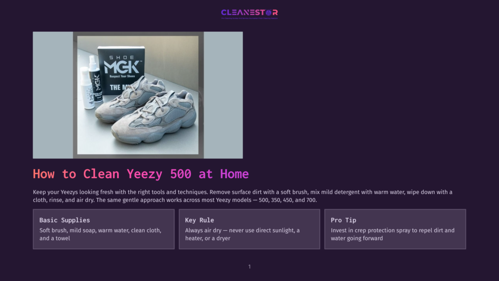 A Pair Of Beige Adidas Yeezy 500 Sneakers Are Displayed Next To A Shoe Cleaning Kit, Including A Brush And Spray Bottles, On A Dark Background. The Box For The Yeezy 500 Shoes Is Also Visible.