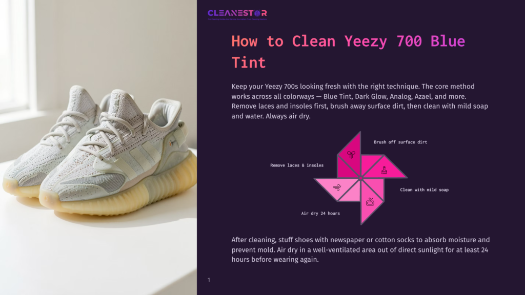 1 How To Clean Yeezy 700 Blue Tint A Pair Of Light Grey Yeezy 700 Blue Tint Sneakers Sit On A White Surface, Ready For Cleaning. The Accompanying Graphic Details How To Clean Yeezy 700 Blue Tint Shoes.