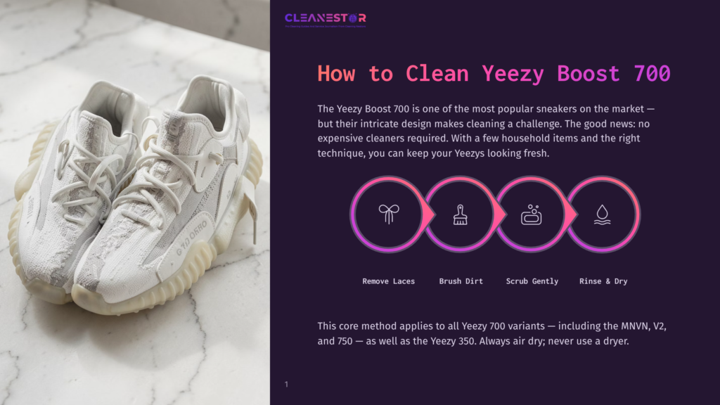 1 How To Clean Yeezy Boost 700 White Adidas Yeezy Boost 700 Sneakers Are Shown Close-Up, With The Text &Quot;How To Clean Yeezy Boost 700&Quot; And Cleaning Icons Above.