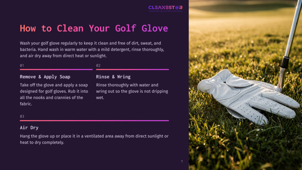 A White Golf Glove Rests On Lush Green Grass, With A Golf Club Shaft Visible In The Background. Text Overlay Reads &Quot;How To Clean Your Golf Glove&Quot;.