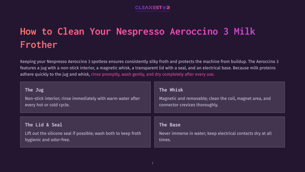 Cleanestor Logo And &Quot;How To Clean Your Nespresso Aeroccino 3 Milk Frother&Quot; Title. Below Are Four Sections: The Jug, The Whisk, The Lid &Amp; Seal, And The Base, Detailing Cleaning Instructions For The Nespresso Aeroccino 3 Milk Frother.