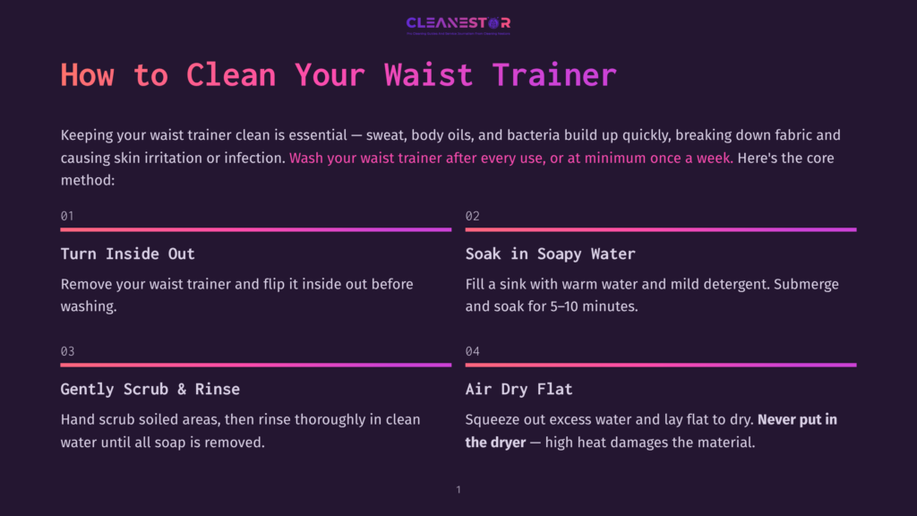 Infographic Detailing How To Clean A Waist Trainer, With Steps Like &Quot;Turn Inside Out,&Quot; &Quot;Soak In Soapy Water,&Quot; &Quot;Gently Scrub &Amp; Rinse,&Quot; And &Quot;Air Dry Flat.