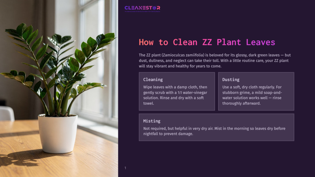 1 How To Clean Zz Plant Leaves Zz Plant (Zamioculcas Zamiifolia) In A White Pot On A Wooden Table, With A Window And Light In The Background. The Plant Has Glossy, Dark Green Leaves.