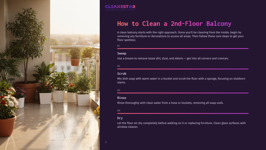 A Sun-Drenched Balcony With Several Potted Plants And A Railing, Featuring Text Overlay About Cleaning A 2Nd-Floor Balcony.