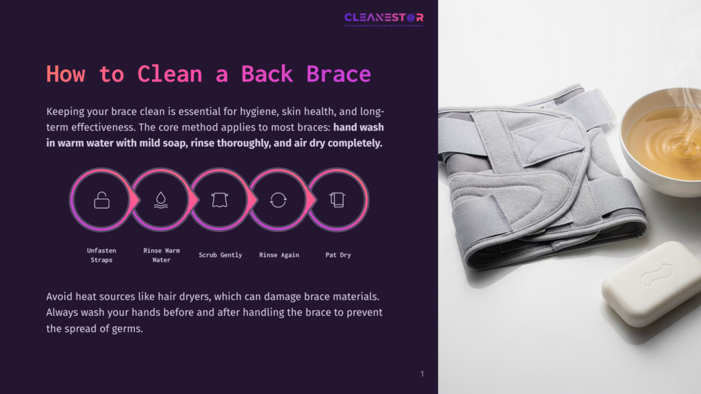 A Gray Fabric Back Brace With Adjustable Straps Lies Next To A Bar Of White Soap And A Bowl Of Amber Liquid, Illustrating How To Clean A Back Brace.