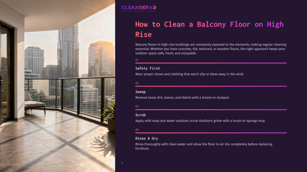 A Sunlit Balcony Overlooking A Cityscape At Sunset, With A Glass Railing And A Chair. The Image Is Part Of A Guide On How To Clean A Balcony Floor On High Rise Buildings.