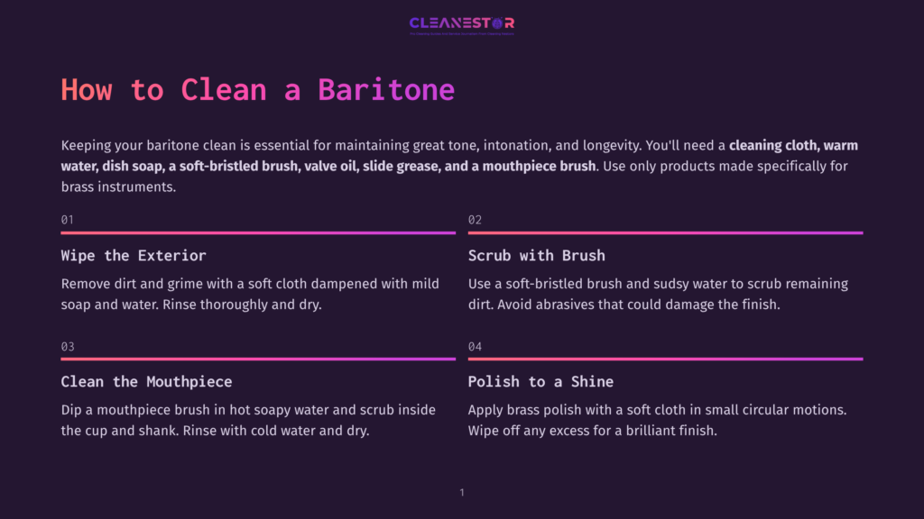 1 How To Clean A Baritone Infographic Titled &Quot;How To Clean A Baritone&Quot; With Steps: Wipe The Exterior, Scrub With Brush, Clean The Mouthpiece, And Polish To A Shine, Featuring Brass Instrument Cleaning Instructions.