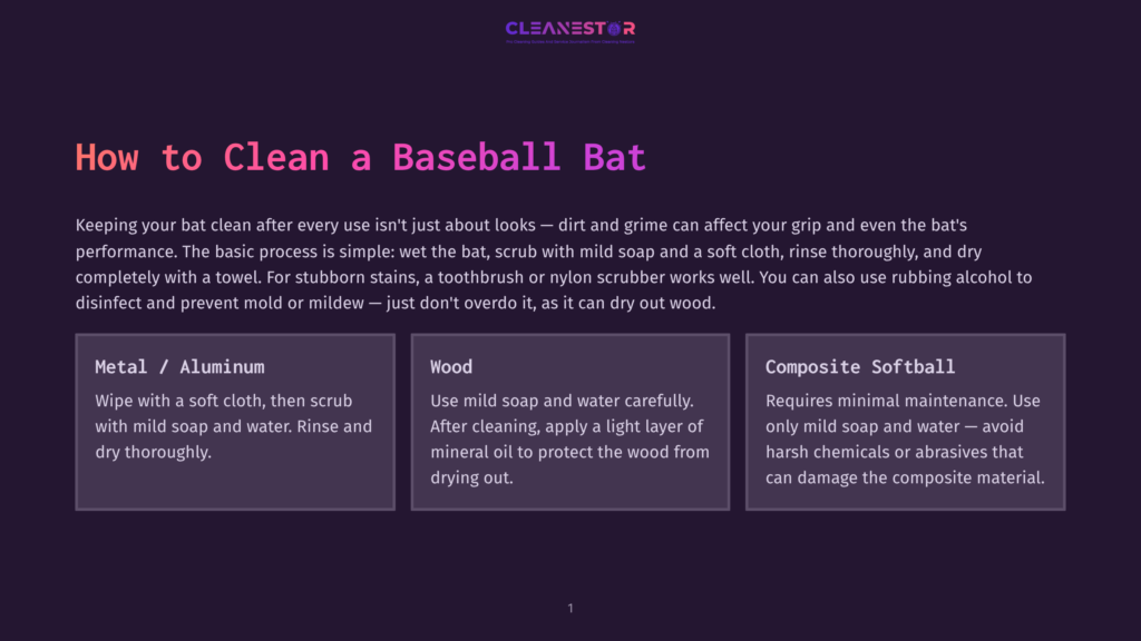 1 How To Clean A Baseball Bat Infographic Detailing How To Clean A Baseball Bat, With Sections For Metal/Aluminum, Wood, And Composite Softball Bats, Featuring The Title &Quot;How To Clean A Baseball Bat&Quot;.
