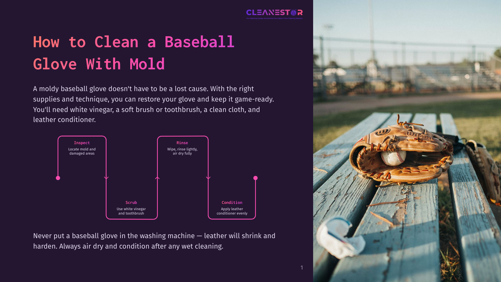 A Worn Baseball Glove Sits On A Weathered Wooden Picnic Table Next To A Baseball, With A Blurred Baseball Field In The Background. The Text &Quot;How To Clean A Baseball Glove With Mold&Quot; Is Overlaid On The Left Side Of The Image.
