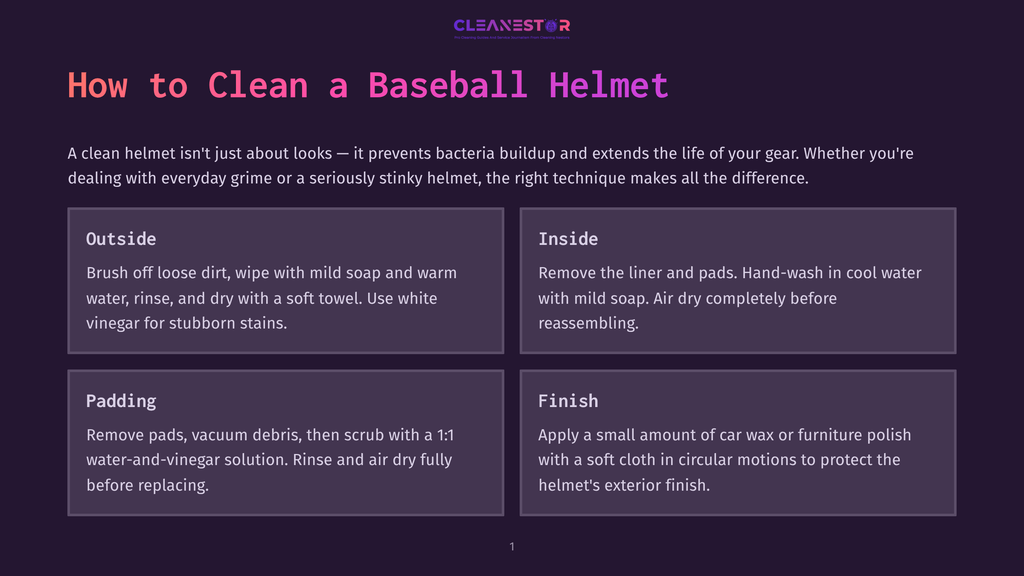 Infographic Titled &Quot;How To Clean A Baseball Helmet&Quot; With Sections For Outside, Inside, Padding, And Finish, Offering Cleaning Tips.