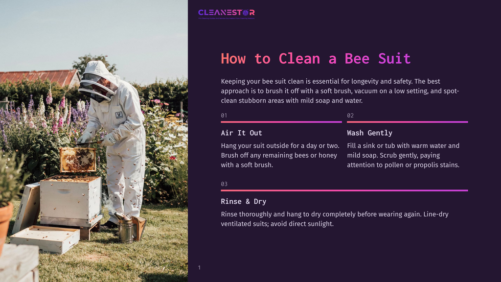 1 How To Clean A Bee Suit Beekeeper In A White Suit Hanging A Bee Suit To Dry Outside Next To A Beehive, With Text &Quot;Cleanestor How To Clean A Bee Suit&Quot; Visible.