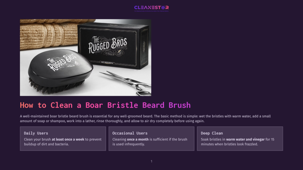 1 How To Clean A Boar Bristle Beard Brush Close-Up Of A Rugged Boar Bristle Beard Brush With &Quot;The Rugged Bros&Quot; Logo, Alongside A Black Box And Grooming Scissors On A Textured Background.