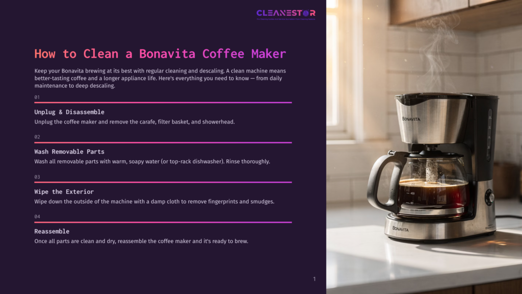 1 How To Clean A Bonavita Coffee Maker A Bonavita Coffee Maker Brews Hot Coffee, With Steam Rising From The Carafe. The Text &Quot;How To Clean A Bonavita Coffee Maker&Quot; Is Visible On The Left.