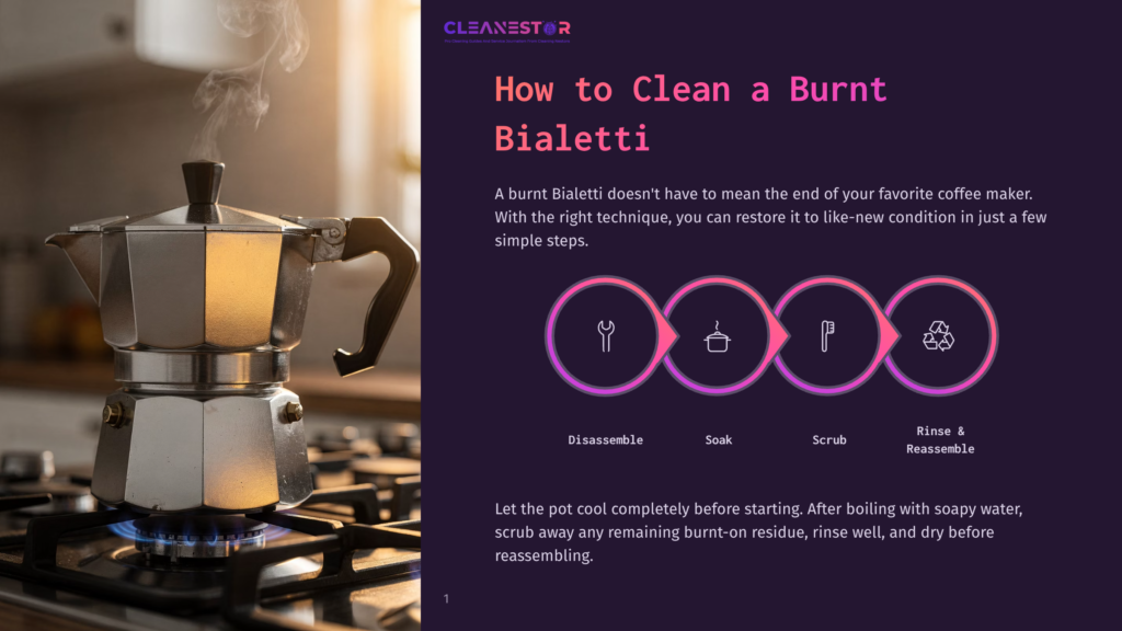 1 How To Clean A Burnt Bialetti A Vintage Bialetti Stovetop Espresso Maker, Steaming, Sits On A Gas Burner On A Stove, With A Graphic Overlay Detailing &Quot;How To Clean A Burnt Bialetti&Quot; And Steps: Disassemble, Soak, Scrub, Rinse &Amp; Reassemble.
