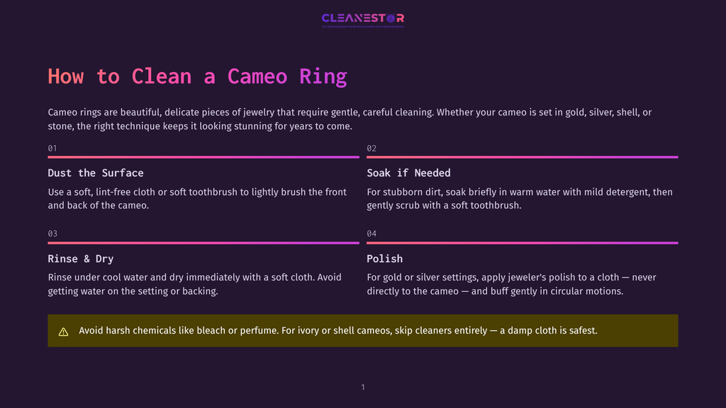 Infographic On How To Clean A Cameo Ring, Detailing Steps Like Dusting, Soaking, Rinsing, And Polishing, With A Warning Against Harsh Chemicals.