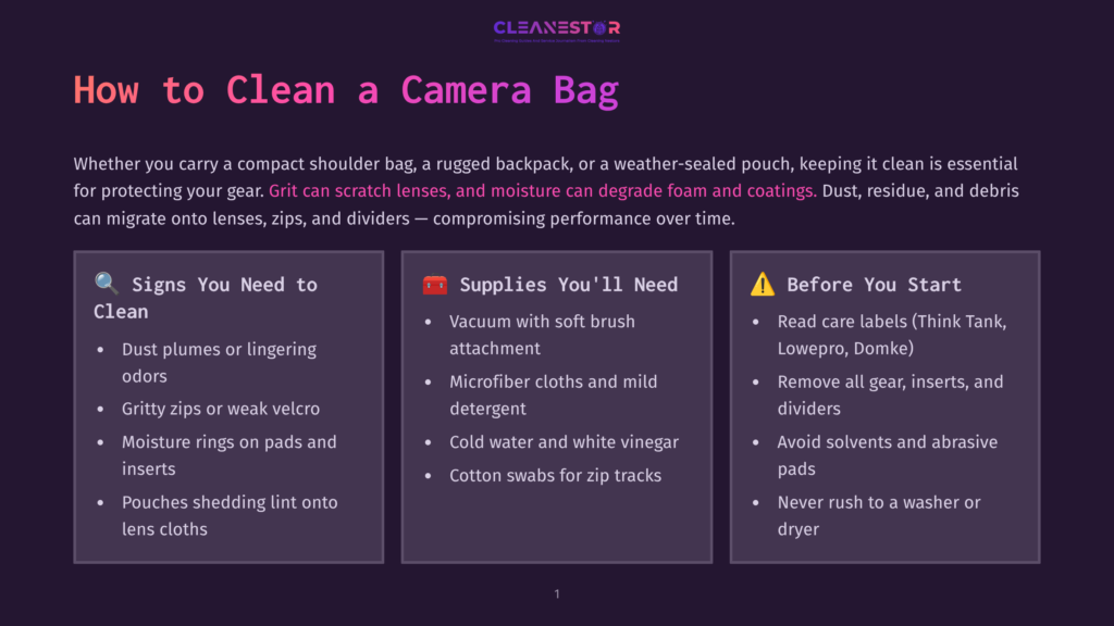 A Graphic With The Title &Quot;How To Clean A Camera Bag&Quot; In Large Purple Font. The Graphic Is Divided Into Three Sections: &Quot;Signs You Need To Clean,&Quot; &Quot;Supplies You'Ll Need,&Quot; And &Quot;Before You Start.