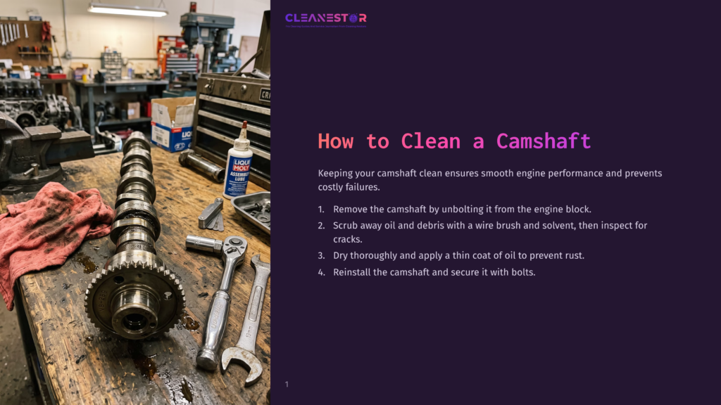 A Disassembled Camshaft Sits On A Workbench Next To Tools And A Bottle Of Liqui Moly Engine Assembly Lube, With Text Overlay &Quot;How To Clean A Camshaft.