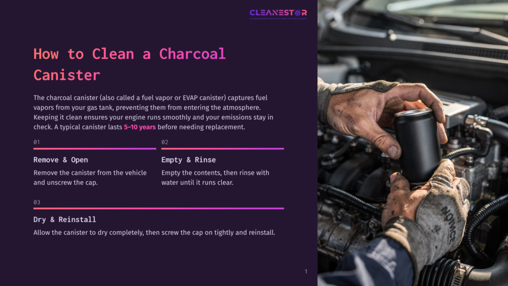 Hands Wearing Work Gloves Hold A Black Charcoal Canister, With A Car Engine Visible In The Background. Text Overlay Reads &Quot;Cleanestor How To Clean A Charcoal Canister.