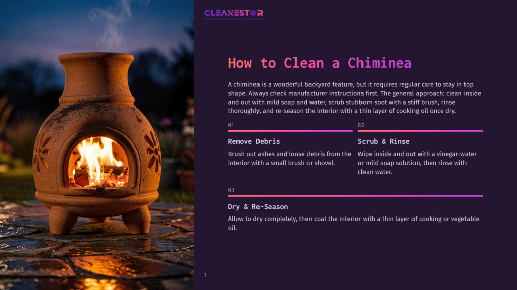 A Terracotta Chiminea Glows With A Warm Fire At Dusk, With A Guide On How To Clean A Chiminea Overlaid On The Right.