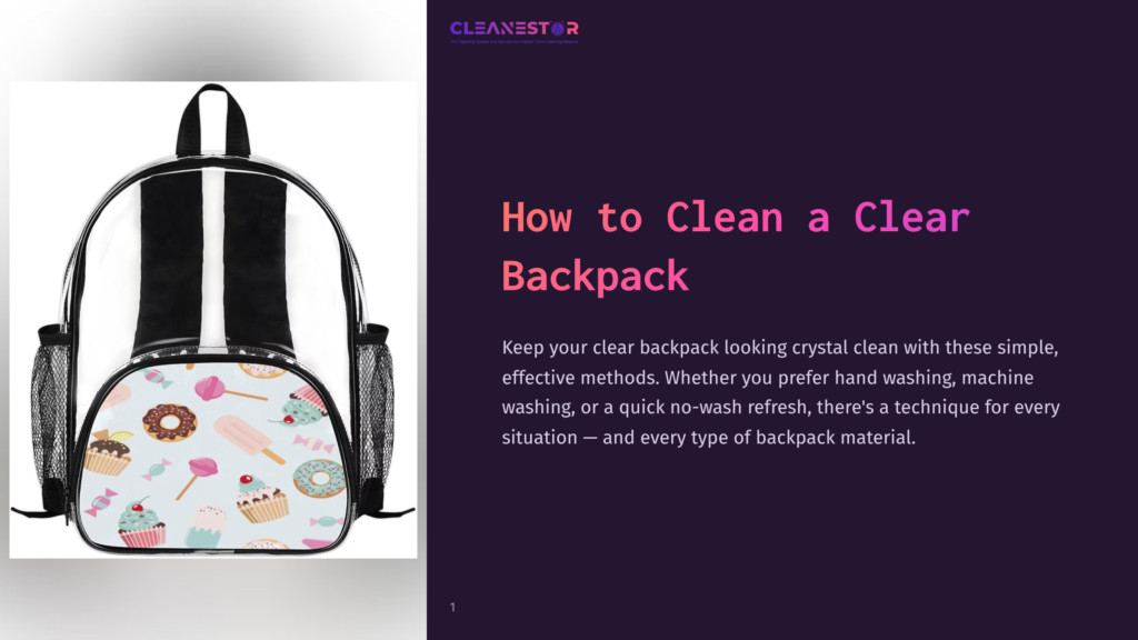 A Clear Backpack With A Colorful Cupcake And Donut Pattern, Featuring Black Straps And Mesh Side Pockets. The Text &Quot;Cleanestor&Quot; Is Visible At The Top Of The Image.