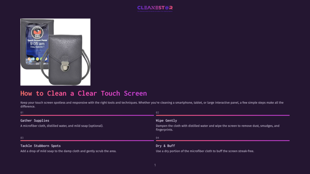 A Dark Grey Leather Smartphone Purse With A Clear Touch Screen Window Displaying The Time And Date Is Shown, With Instructions On How To Clean A Clear Touch Screen.