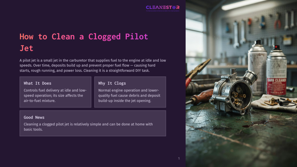A Disassembled Carburetor Sits On A Workbench, Surrounded By Cans Of Carb Cleaner And Tools, With A Focus On Cleaning A Clogged Pilot Jet For A Small Engine.