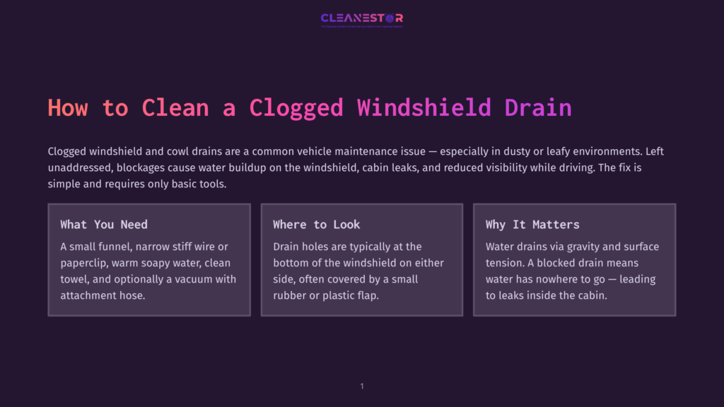 Title Card For &Quot;How To Clean A Clogged Windshield Drain&Quot; By Cleanestor, Featuring A Dark Purple Background With Text Explaining The Problem And Solution.