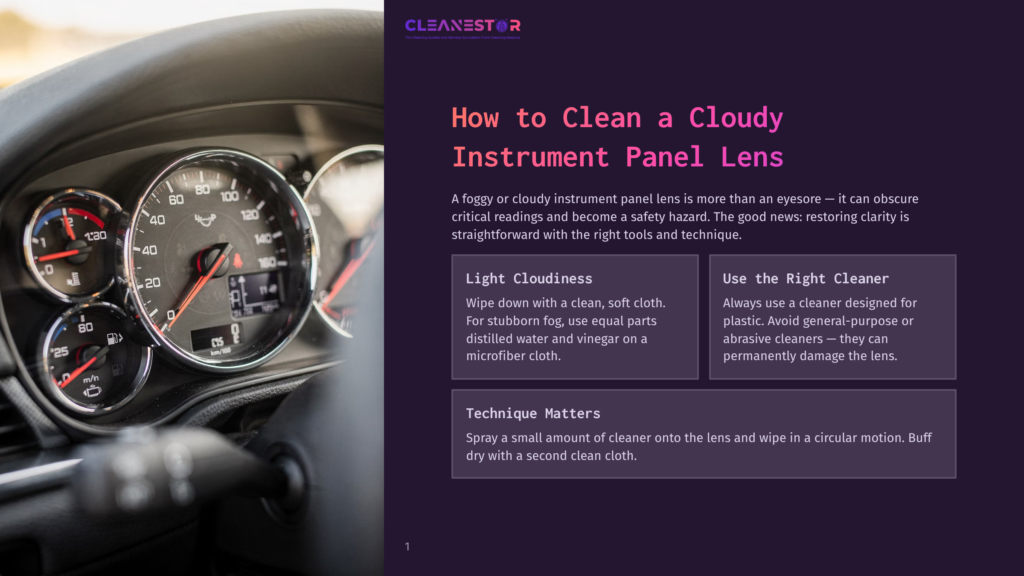Close-Up Of A Car'S Dashboard With A Cloudy Instrument Panel Lens. The Speedometer And Tachometer Are Visible, Along With A Text Overlay Reading &Quot;Cleanestor How To Clean A Cloudy Instrument Panel Lens&Quot;.