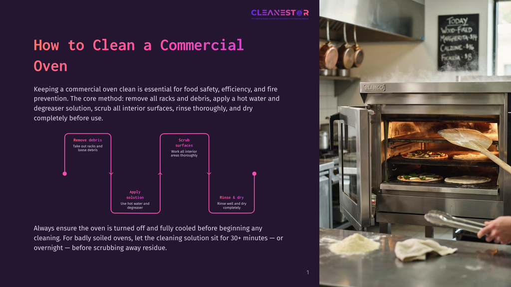 A Commercial Oven Is Open, Revealing Racks Of Pizzas Being Cooked. The Oven Interior Is Lit, And The Exterior Is Stainless Steel. Text On The Left Provides Instructions On &Quot;How To Clean A Commercial Oven.
