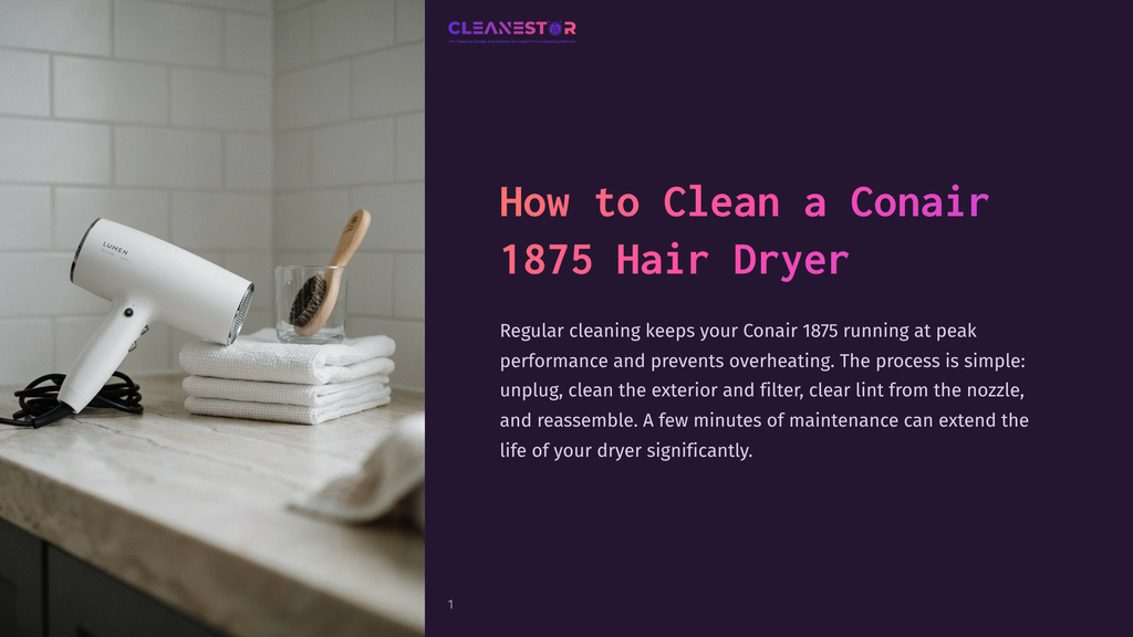 A White Conair 1875 Hair Dryer Rests On A Marble Countertop Next To Neatly Folded White Towels And A Wooden-Handled Brush. The Title &Quot;Cleanestor&Quot; Is Visible On The Image.