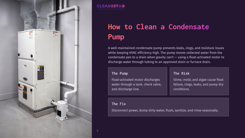 A White Hvac Furnace Unit With A Condensate Pump And Tubing Is Shown In A Utility Room. The Text &Quot;Cleanestor&Quot; Is Visible At The Top Of The Furnace.