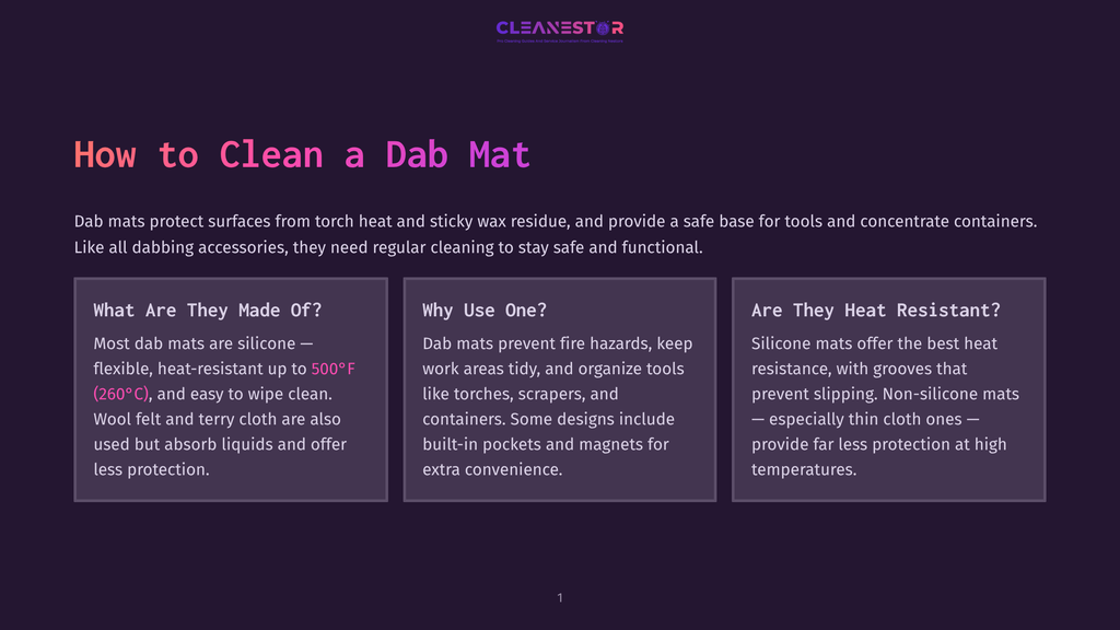 Title Card For &Quot;How To Clean A Dab Mat&Quot; By Cleanestor, Detailing Silicone Dab Mat Properties: Heat Resistance Up To 500°F, Flexibility, Non-Slip Grip, And Ease Of Cleaning.