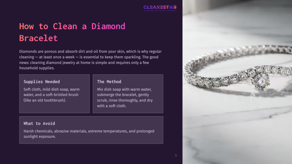 How To Clean A Diamond Bracelet&Quot; Text And Image Of A Sparkling Diamond Tennis Bracelet With A Large Central Diamond Clasp On A Marble Surface.