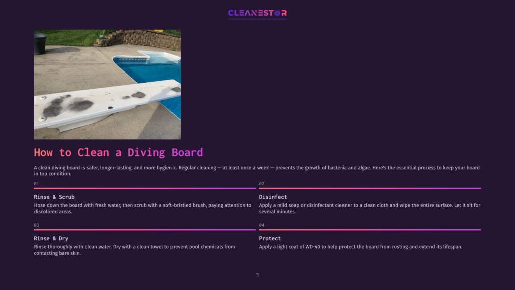 A Dirty, Stained Diving Board Is Pictured Next To A Swimming Pool, With Instructions On How To Clean It Displayed On A Dark Background.