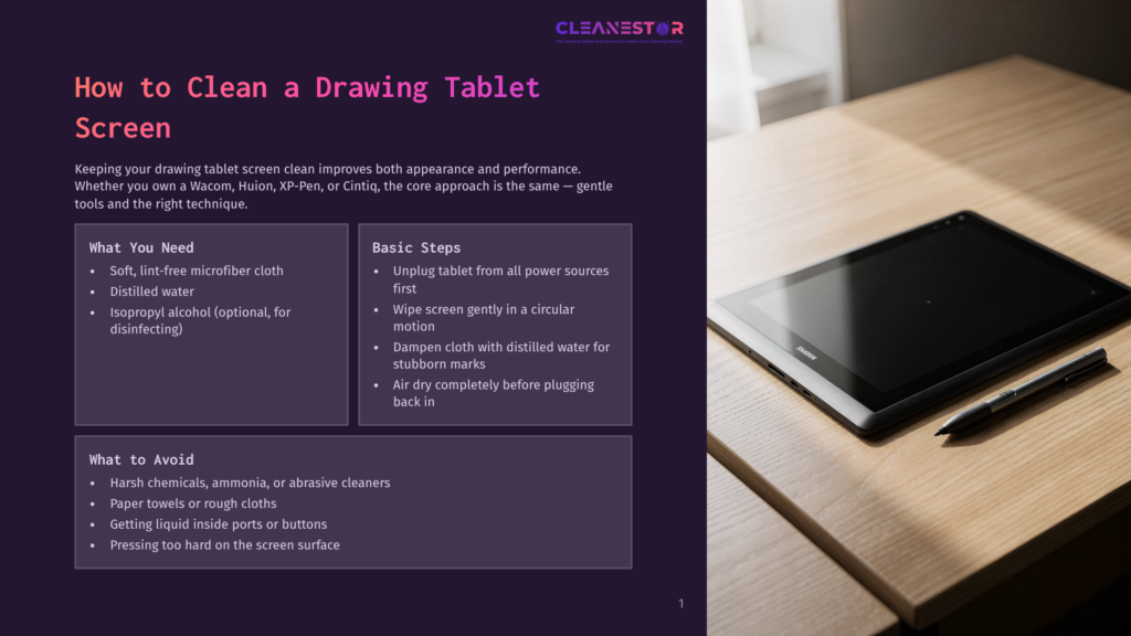 1 How To Clean A Drawing Tablet Screen A Drawing Tablet And Stylus Rest On A Wooden Table, With The Tablet Screen Displaying &Quot;Cleanestor&Quot; And Instructions On How To Clean A Drawing Tablet Screen.