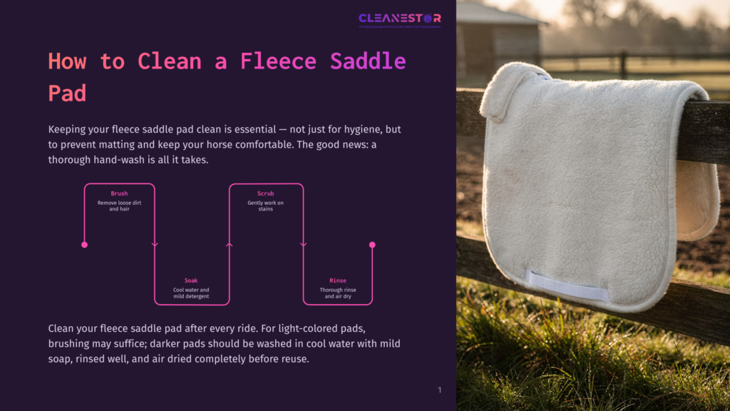 A Fluffy White Fleece Saddle Pad Is Draped Over A Rustic Wooden Fence Post, With A Blurred Background Of A Sunlit Field. The Image Includes Text From A Guide On &Quot;How To Clean A Fleece Saddle Pad&Quot;.