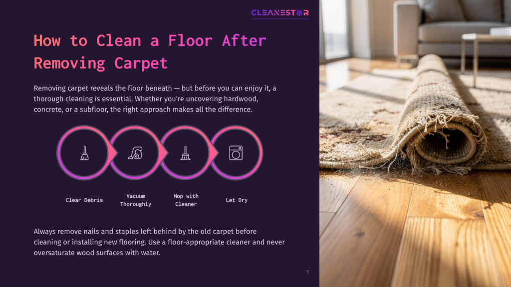 A Rolled-Up Carpet Lies On A Light-Colored Wooden Floor, Revealing The Clean Floor Beneath. The Text &Quot;Cleanestor&Quot; Is Visible At The Top.