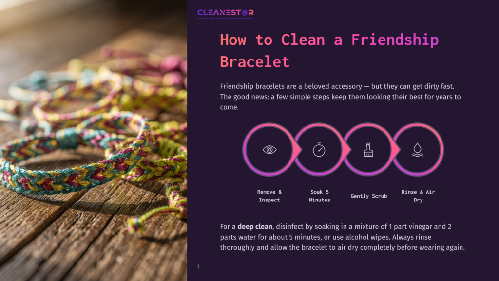 Close-Up Of Colorful Friendship Bracelets, Braided With Yellow, Teal, And Pink Threads, Resting On A Rustic Wooden Surface. Text Overlay Reads &Quot;Cleanestor&Quot; And &Quot;How To Clean A Friendship Bracelet&Quot;.