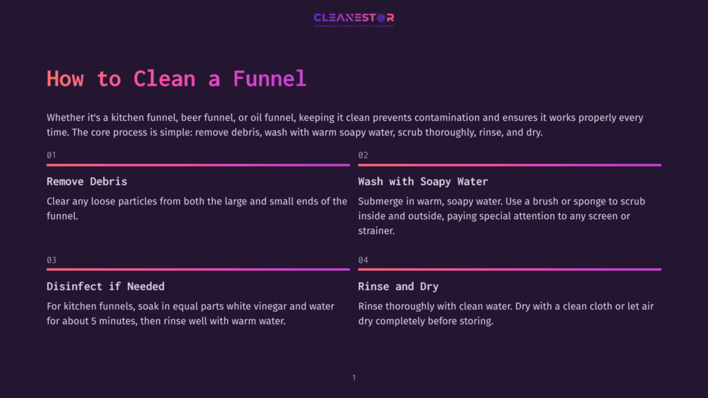 Infographic Detailing How To Clean A Funnel, With Steps Like &Quot;Remove Debris,&Quot; &Quot;Wash With Soapy Water,&Quot; &Quot;Disinfect If Needed,&Quot; And &Quot;Rinse And Dry.