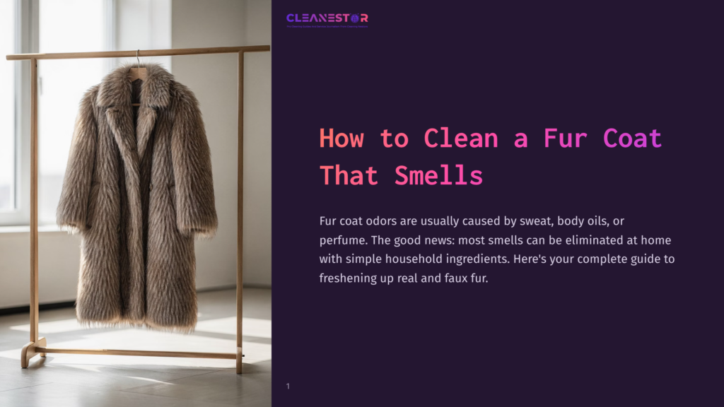 A Luxurious, Light Brown Fur Coat Hangs On A Wooden Rack In A Bright Room, With The Text &Quot;Cleanestor How To Clean A Fur Coat That Smells&Quot; Visible.