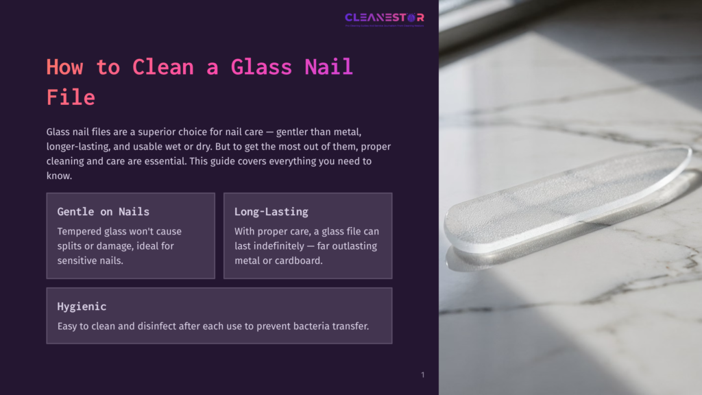 A Close-Up Of A Glass Nail File Resting On A Marble Surface, With Text Overlaying The Left Side Of The Image About How To Clean A Glass Nail File.