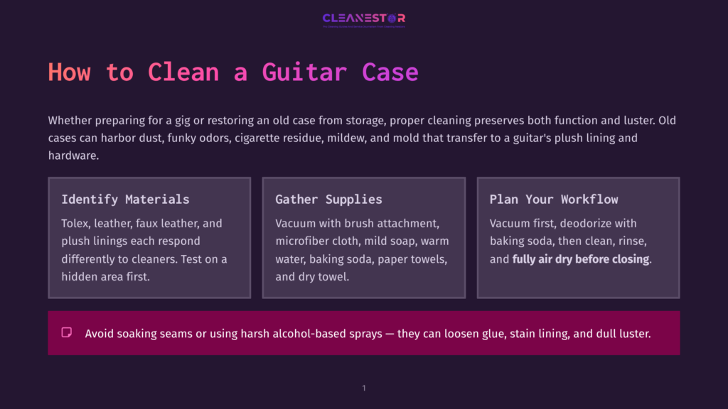 Infographic Titled &Quot;How To Clean A Guitar Case&Quot; With Three Sections: &Quot;Identify Materials,&Quot; &Quot;Gather Supplies,&Quot; And &Quot;Plan Your Workflow,&Quot; Offering Advice On Cleaning Tolex, Leather, Faux Leather, And Plush Linings.