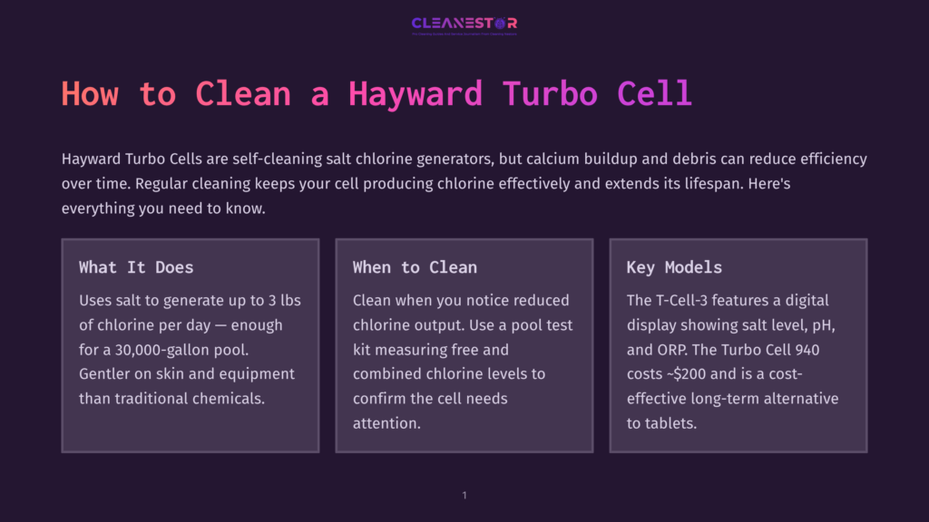 Cleanestor Logo With The Text &Quot;How To Clean A Hayward Turbo Cell&Quot; On A Dark Purple Background. Below The Title Are Three Cards: &Quot;What It Does&Quot;, &Quot;When To Clean&Quot;, And &Quot;Key Models&Quot;, Detailing Hayward Turbo Cell Features And Maintenance.