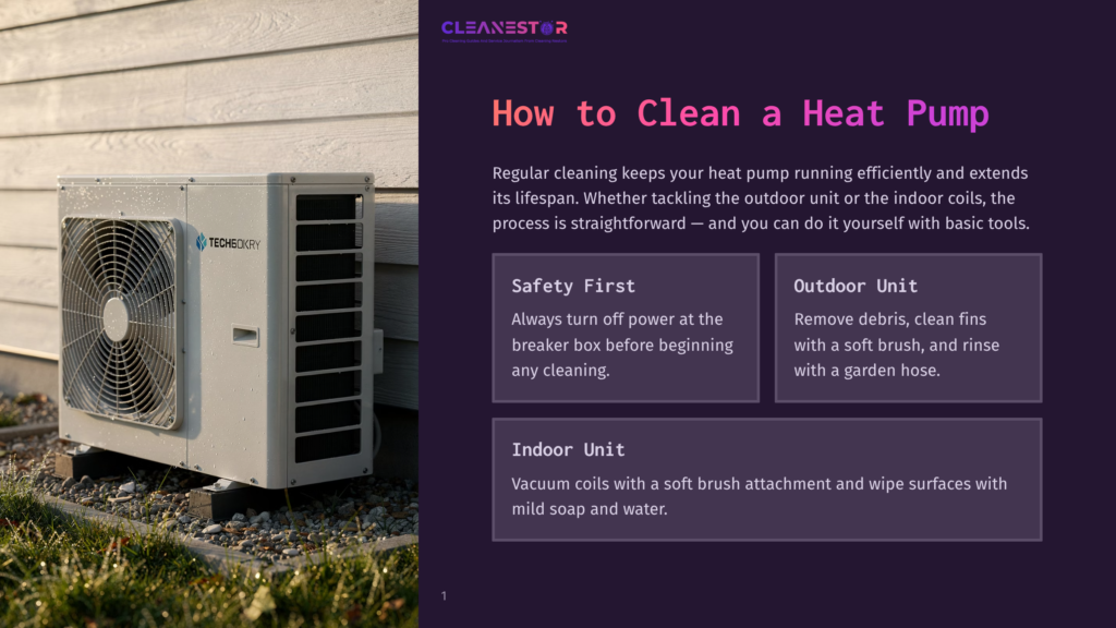 1 How To Clean A Heat Pump An Outdoor Heat Pump Unit, Labeled &Quot;Techchecker,&Quot; Sits On A Gravel Base Next To A White-Sided House. The Unit Is White With A Fan Grill And Appears Slightly Wet, Suggesting It Has Recently Been Cleaned Or Is In A Damp Environment.